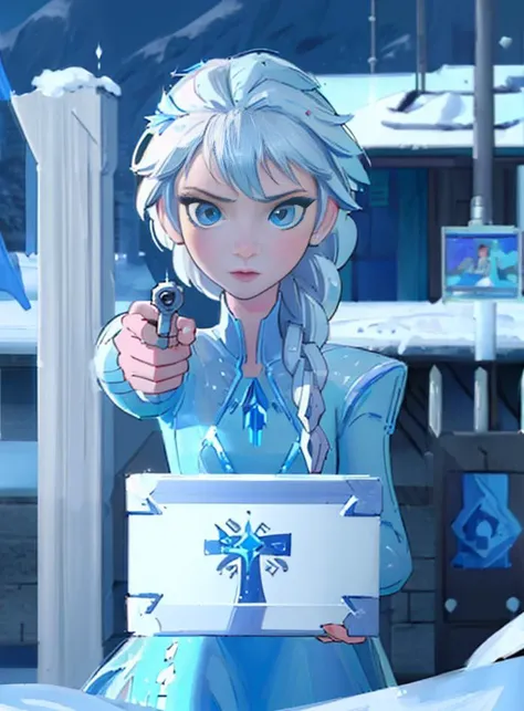 (masterpiece:1.4), (best qualit:1.4), (high resolution:1.4), elsa of arendelle, blue ice dress, single braid, (looking at viewer:1.1), mountain, snow, ice, <lora:elsa_of_arendelle_v1:1>
(<lora:aimingAtViewer_v1:1> AIMING AT VIEWER, HANDGUN, HOLDING PISTOL)