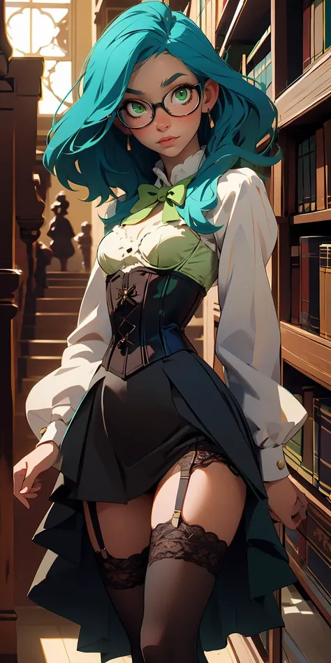 (masterpiece, best quality), 1girl, small breasts, small hips, green eyes, blue hair, black corset, lace skirt, garter belt, black legwear, old library, petite, glasses,