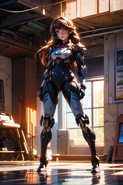 robot, mj3d style,3dmm,3d,(full body shot:1.3), bokeh:1.2, sci-fi background, looking straight at viewer, (22 years old woman), medium breast, small waist, long brown flowing hair, (green eyes, beautiful eyes), beautiful face, mech visor open showing beautiful eyes, stunningly beautiful woman, good hands, detailed hands, good feet, (8k, RAW photo, best quality, masterpiece:1.2), (realistic, photo-realistic:1.37), ultra high res, photon mapping, radiosity, physically-based rendering, (ambient light:1.3), (cinematic composition:1.0),professional soft lighting, light on face, (black gold, trimmed gear:1.2),(In a futuristic weapons factory:1.2) <lora:more_details:0.4>, <lyco:Robotaction:0.8> <lora:add_detail:0.6>