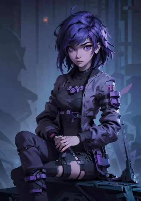 cyberpunk, skyscraper, (bokeh, best quality, masterpiece, highres:1) 1girl, purple hair, <lora:emo_hairstyle:0.8> , short emo_hairstyle , sitting, crossed legs,