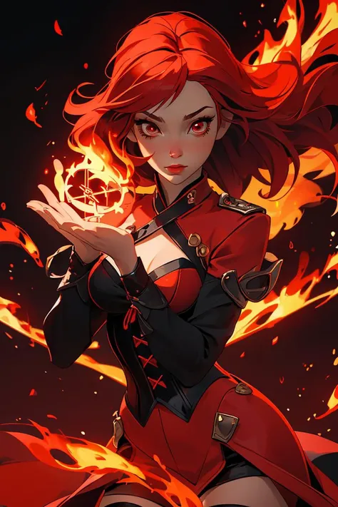 masterpiece, best quality,  1girl, red hair,flaming hair,red eyes,flames,hands in flame,flame blade, red magic circle, red corset,black thighhighs,  sidelighting, light particles, abstract,