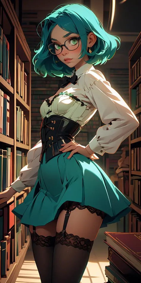 (masterpiece, best quality), 1girl, small breasts, small hips, green eyes, blue hair, black corset, lace skirt, garter belt, black legwear, old library, petite, glasses,