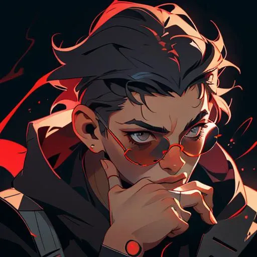 (best quality, masterpiece), cyborg, black smoke aura character model anatomy, realistic human hands portrait of model wearing black face sunglasses on from model, full shot body wearing dramatic red intricate, detailed symmetrical realistic anatoma of