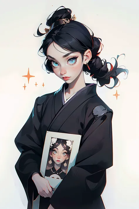 (masterpiece, best quality), (surrealism:1), 1girl, Curiosity, Geisha goth outfit with a fusion of goth and traditional Japanese geisha elements, such as kimonos, white face makeup, and elaborate hairstyles, Glittery or metallic black lip for added drama, (Francesca Stern Woodman:1.3), (Claude Cahun:1.3), Abandoned gothic castle surrounded by mist