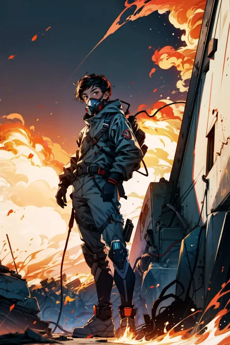 1boy, Original Character, Volumetric Lighting, Best Shadows, Shallow Depth of Field, Portrait Of Stunningly, Respirator Half Face Cover Gas Mask,  Short Black Hair, Metallic Texture, Full Body Fire Protection Suit, Flamethrower With Fuel, Flamethrower With Fuel Tank, Looking At Other, Destroyed Rusty Metal Structures, Standing In The Burning Destroyed City, Blazing Flames, Burning Black Smoke Rising Sky, (Highest Quality, Amazing Details:1.25), (Solo:1.3), Brilliant Colorful Paintings  <lora:add_detail:0.4> <lora:Mecha:0.4> <lora:urbansamuraiv3testing:0.2>