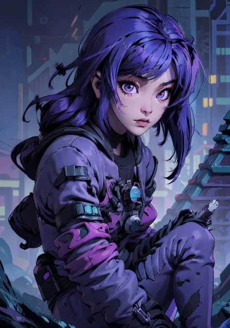cyberpunk, skyscraper, (bokeh, best quality, masterpiece, highres:1) 1girl, purple hair, <lora:emo_hairstyle:0.8> , short emo_hairstyle , crawling,