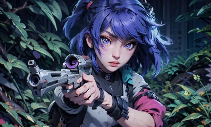 cyberpunk, (bokeh, best quality, masterpiece, highres:1) 1girl, purple hair, <lora:emo_hairstyle:0.9> , short emo_hairstyle , fake cover, grass, holding gun, aiming a gun, on stomach