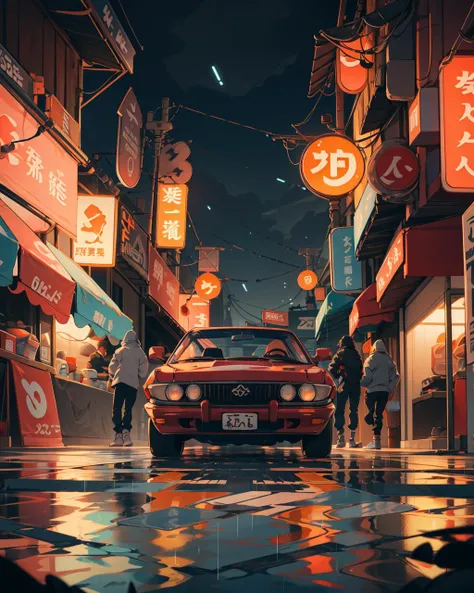 (masterpiece:1.1), (highest quality:1.1), (HDR:1.0), an anime illustration of a sport car in cyberpunk street city at night, neon underglow, rain, fog, street race car