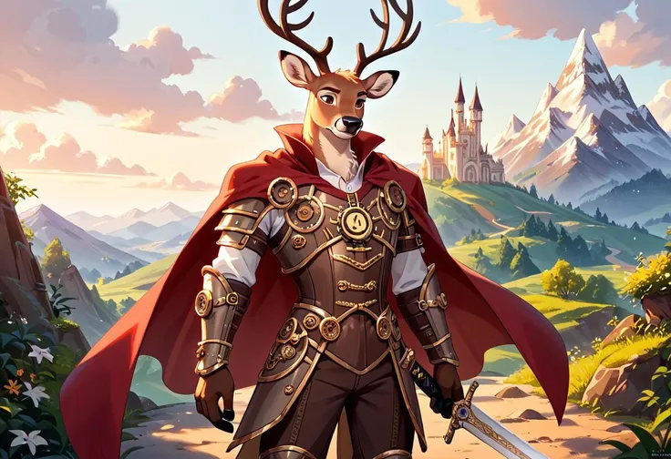 score_9, score_8_up, score_7_up, score_6_up, dynamic lighting, Disney style,
outdoors, daytime, mountain road, white tower in the distance,
(solo, anthro male deer:1.3, tall, steampunk armor, red cloak, broadsword)