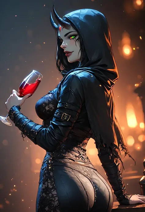 score_9, score_8_up, score_7_up, rating_explicit, source_realistic, demon 1girl, (horns), (starry grey skin), (green long straight hair), (green eyes), claws, (black hood up), (((black medieval lace skirt:1.5))), (medieval lace clothes), (lace orange thong), bracelet, slutty Smile, skank, seductive, Curious Eyes, hourglass body, medium breast, large ass, (sideview, back view, Leaning Against a Rustic Tavern), (Holding a wine bottle stem between the fingers), ruined tavern background, dark night background, Expressiveh, hkevil, sinozick style, flat color