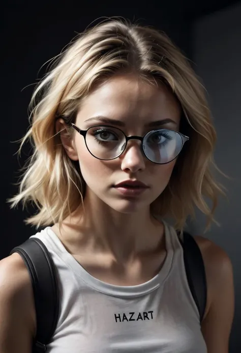 A black-and-white, intimate portrait of a young 18 year old woman wearing the sleek her tousled, shoulder-length blonde hair framing her face in loose, messy waves. The large, curved black reflective lens of the glasses covers her eyes, obscuring her gaze and adding a futuristic, high-tech contrast to the raw, stripped-down aesthetic of the scene. The white frame and mesh-textured strap of the headset stand out against the shadows of the black-and-white image, creating a striking visual juxtaposition between modern technology and the minimalist, sensual feel of the photograph.
She is wearing a fitted, slightly cropped sexy tank top that clings to her slender frame, the casual nature of her outfit adding to the effortless, raw mood of the shot. With both hands, she is lifting a crumpled paper sign that reads, "Hazara $2 Whore" in bold, hand-drawn letters, injecting a playful, cheeky element into the otherwise moody, introspective atmosphere. Her head is tilted slightly back, exposing her elegant neck and collarbones, while her lips are parted in a subtle, almost defiant expression, as if she is daring the viewer to engage with the message.
The lighting is soft yet dramatic, with high contrast that emphasizes the contours of her face, neck, and body, casting deep shadows that enhance the raw, emotional feel of the image. The reflective black surface of the Apple Vision Pro catches faint glints of light, further adding depth and intrigue to the composition.