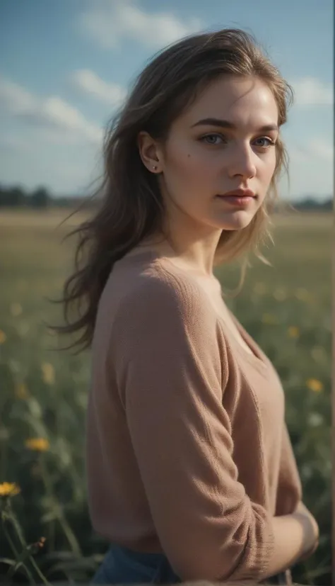 A still from an aesthetically pleasing music video of a girl in a white turtleneck and with brown hair standing against a red wheat field, in a close-up shot with a minimalist, aesthetic style. The image has a grainy film filter, warm colors, and soft lighting, showcasing a fashionable, minimalistic look