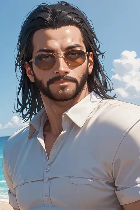 Hyper realistic painting of a chiseled handsome man in the style of Becky Cloonan,, looking at the viewer, full body, dramatic lighting, tumblr, fantasy art, very masculine, strong and handsome, luminous sky, ocean view