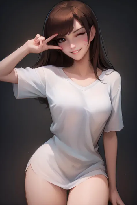score_9, score_8_up, score_7_up, score_7, score_6_up, score_5_up, source_anime, rating_safe, 1 woman, simple background,
BREAK, looking at viewer, happy, grin, posing, standing,
<lora:Kittew-4RCH0N:1>4RCH0N,
<lora:HanaSongDVA:0.8> HanaSong, d.va, white shirt, naked shirt, oversized shirt, slim, thighs,
medium breasts, narrow waist, thin, (big eyes),
playful, wink, v over eye <lora:v_over_head_XL_v1_wasabiya:1>