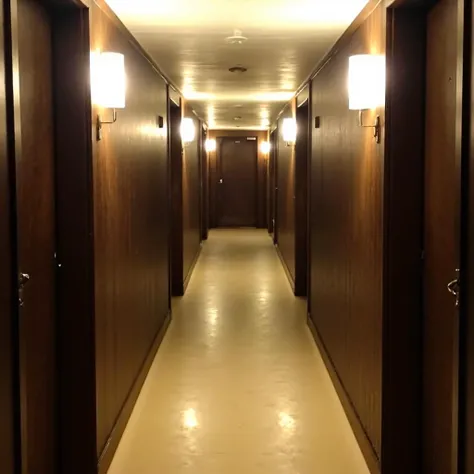 This is a photograph of a narrow, dimly lit hallway in an older building, likely a hotel or apartment complex. The hallway has a polished, light beige linoleum floor that reflects the overhead fluorescent lights, creating a slightly distorted, mirrored effect. The walls and doors are made of dark brown wooden panels, giving the space a warm, rustic feel. The ceiling is low and flat, with a single, bright overhead light fixture casting a yellowish glow that highlights the shadows and textures of the wood. On both sides of the hallway, there are a series of closed wooden doors, each with a small rectangular window near the top, allowing a glimpse of the room behind. The doors are evenly spaced and aligned, leading to a sense of symmetry. There are two wall-mounted light fixtures on each side, each emitting a soft, warm light that adds to the cozy atmosphere. The overall texture of the wood is smooth, with a slightly aged appearance, indicative of the building's vintage design. The photograph is taken from the end of the hallway, looking back towards the entrance, emphasizing the depth and perspective of the space. limspace, liminal<lora:flux\estilos\Liminal_Space_Flux_v2.safetensors:1.0:1.0>