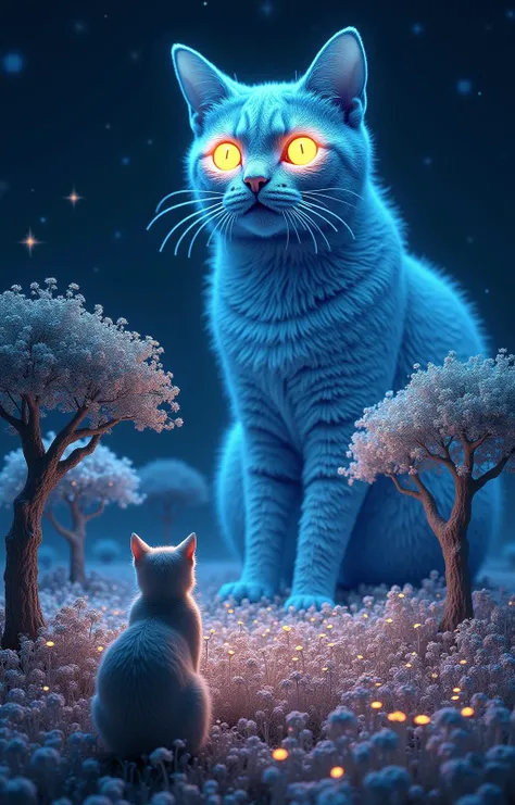 Create a surreal nightscape with a giant, ethereal cat constellation dominating the deep blue starry sky. The cat's eyes glow like twin moons, casting an otherworldly light on a field of iridescent fractal wildflowers below. Shimmering silver trees with fractal branches reach towards the feline constellation, their leaves pulsating with bioluminescent energy. In the foreground, a curious real cat sits among the tall and low-growing flowers, its fur reflecting the magical glow of the scene.