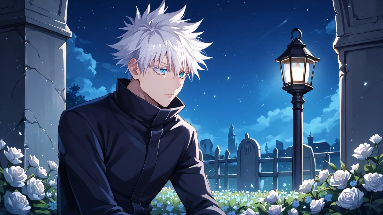 score_9, score_8_up, score_7_up, score_6_up, BREAK, source_anime, rating_explicit, masterpiece, best quality, detailed background, light particles, dust, outside, graveyard, night, lantern, night sky, moonlight
<lora:Gojou_Satoru_JUJUTSUKAISEN_Culty:0.8> short hair, 1boy, white hair,spiked hair, gojou satoru, blue eyes, colored eyelashes, hair between eyes, black jacket, sitting next to a grave, sad face, holding flowers
<lora:jjk_gojo_ponyXL:0.8>