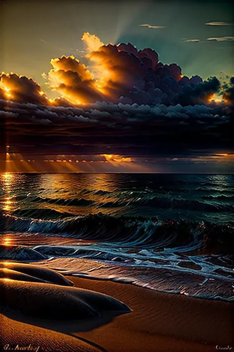 Dramatic clouds rolling in from the sea, casting shadows over a beach at sunrise, vibrant hues of orange painting the sky, hyperrealistic landscape, cinematic lighting, detailed textures, masterpiece digital painting by Ivan Aivazovsky and Claude Monet, 8k resolution, tranquil atmosphere, beautiful scenery.