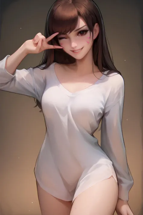 score_9, score_8_up, score_7_up, score_7, score_6_up, score_5_up, source_anime, rating_safe, 1 woman, simple background,
BREAK, looking at viewer, happy, grin, posing, standing,
<lora:Kittew-4RCH0N:1>4RCH0N,
<lora:HanaSongDVA:0.8> HanaSong, d.va, white shirt, naked shirt, oversized shirt, slim, thighs,
medium breasts, narrow waist, thin, (big eyes),
playful, wink, v over eye <lora:v_over_head_XL_v1_wasabiya:1>