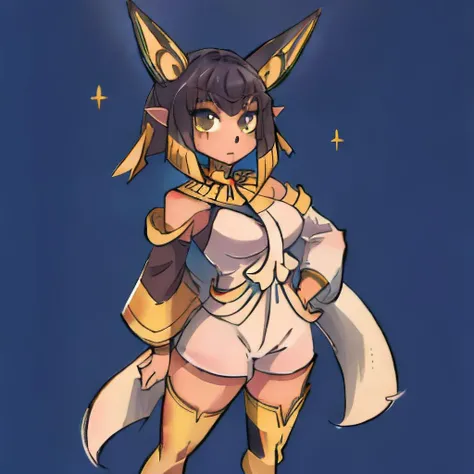 Anubis, shiny hair, long hair, stripped skin, blemished skin, Very good figure, bright tone, warm color, colorfully, work of art, super detaill, high qualiy, best qualityer, high resolution, tribal, beautiful and bright eyes, alone