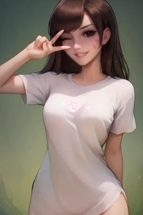 score_9, score_8_up, score_7_up, score_7, score_6_up, score_5_up, source_anime, rating_questionable, 1 woman, simple background,
BREAK, looking at viewer, happy, grin, posing, standing, cowboy shot,
<lora:Kittew-4RCH0N:1>4RCH0N,
<lora:HanaSongDVA:0.8> HanaSong, d.va, white shirt, oversized shirt, naked shirt, bottomless, short sleeves,
medium breasts, narrow waist, thin, (big eyes),
playful, wink, v over eye <lora:v_over_head_XL_v1_wasabiya:1>