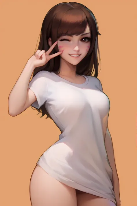 score_9, score_8_up, score_7_up, score_7, score_6_up, score_5_up, source_anime, rating_questionable, 1 woman, simple background,
BREAK, looking at viewer, happy, grin, posing, standing, cowboy shot,
<lora:Kittew-4RCH0N:1>4RCH0N,
<lora:HanaSongDVA:0.8> HanaSong, d.va, white shirt, oversized shirt, naked shirt, bottomless, short sleeves,
medium breasts, narrow waist, thin, (big eyes),
playful, wink, v over eye <lora:v_over_head_XL_v1_wasabiya:1>