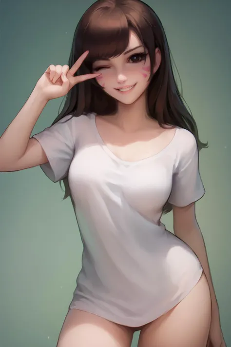 score_9, score_8_up, score_7_up, score_7, score_6_up, score_5_up, source_anime, rating_questionable, 1 woman, simple background,
BREAK, looking at viewer, happy, grin, posing, standing, cowboy shot,
<lora:Kittew-4RCH0N:1>4RCH0N,
<lora:HanaSongDVA:0.8> HanaSong, d.va, white shirt, oversized shirt, naked shirt, bottomless, short sleeves,
medium breasts, narrow waist, thin, (big eyes),
playful, wink, v over eye <lora:v_over_head_XL_v1_wasabiya:1>