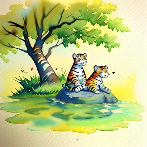 Watercolor. Stuffed toy tiger. Calvin and Hobbes style. SItting on the ground. Use a watercolor textured paper.