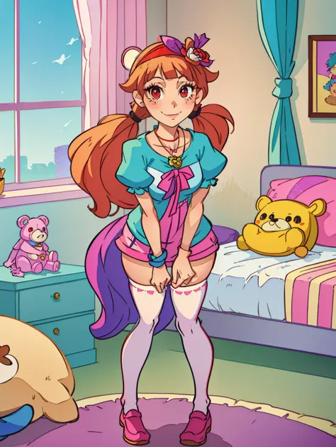masterpiece,best quality,(solo:1.3),1girl,(tareme:1.2),(full body:1.2),standing,leaning forward,bent over,(low-tied_long_hair:1.3),(low twintails:1.2), dress, ribbons,hair ribbon,very long hair,hair ornament,hair flower, smile, looking at viewer, pink headwear,red eyes,symbol-shaped pupils, short sleeves, puffy sleeves, bangs, blush, blunt bangs, puffy short sleeves, jewelry, ribbon, plaid dress, makeup,eyelashes, necklace, wavy hair,(white thighhighs,thighs:1.2),indoors, messy room, window,sweet,girls's room,pink theme,painting \(medium\),teddy bear, stuffed toy, loaded interior,bedroom,(((otaku room)))
