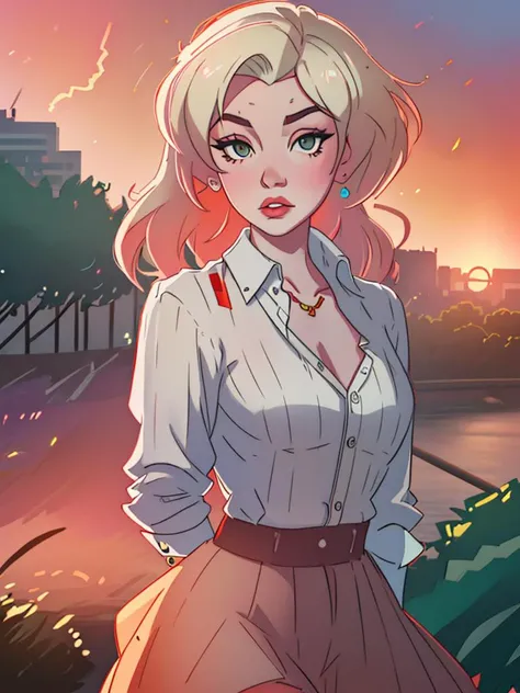 (raw, analog), hyper details, telephoto lens, gorgeous lifelike, Marilyn Monroe at the park, embankment, clouds, breeze, (shirt unbuttoned:1.2), deep neckline,, wide hips, Flash-forward lighting, a red sunset in the background, high details, ultra realistic, SonyA7III, cinematic lighting, film, grain, UHD faces, volumetric shadow, insanely detailed, neon colors