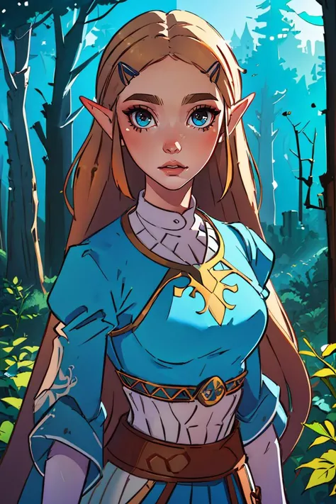 (best quality, masterpiece1.2), (detailed eye:1.2), intricate detail, depth of field, 1girl, standing, upper body, princess zelda, long hair, forest, looking at viewer, <lora:zeldaBotwTotk_zeldaBotwV1:0.8>