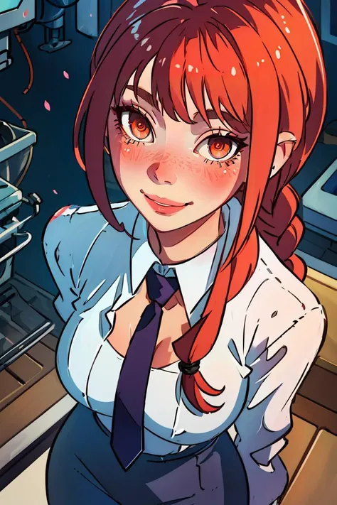 (best quality, masterpiece1.2), (detailed eye:1.2), intricate detail, depth of field, 1girl, standing, smile, blush, red hair, long braided hair, golden eyes, bangs, makima \(chainsaw man\), white shirt, necktie, from above, looking at viewer, <lora:Model_Makima:1>