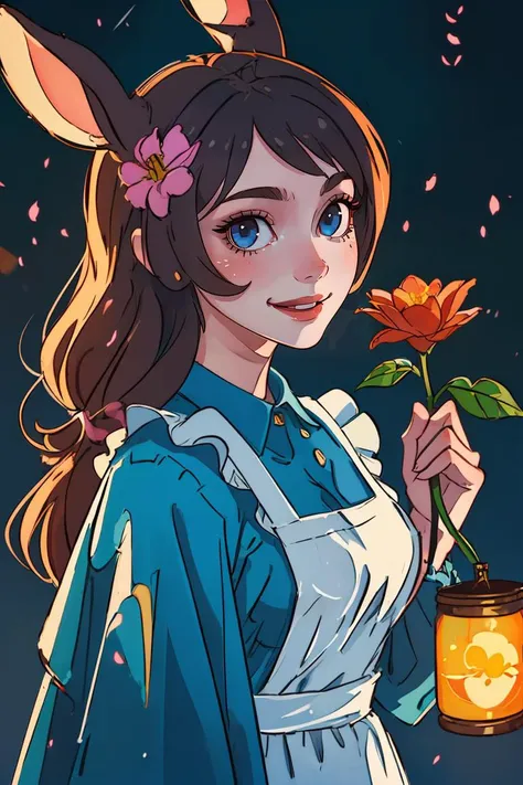 (best quality, masterpiece1.2), (detailed eye:1.2), intricate detail, 1girl, upper body, (dark photo:1.2), dim light, rabbit ears, looking at viewer, smile, (holding flower:1.2), long hair, maid apron,