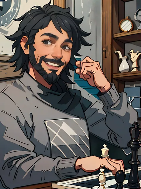 a man with a black beard, (black messy hair), (((wearing a gray moleyom))), solo, sitting outside a house smiling at the camera with a smile on his face, ((playing chess)), physically based rendering, one photo, tan, chess in table ,(((very short hair)))