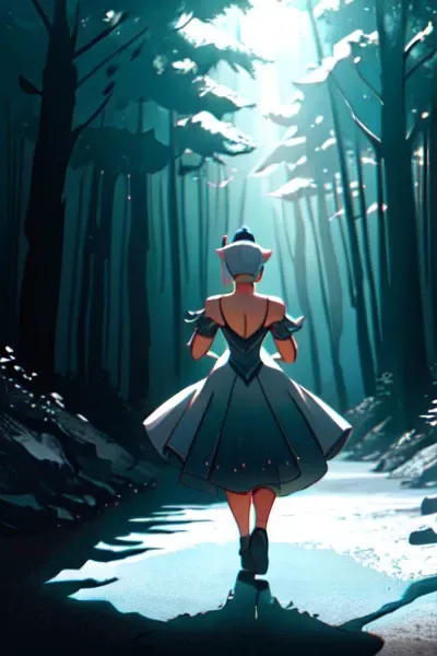 A cute fantasy princess runs through the forest, intricate dress, detailed environment, footprints, magic, heavy shadows, backlighting, elegant
