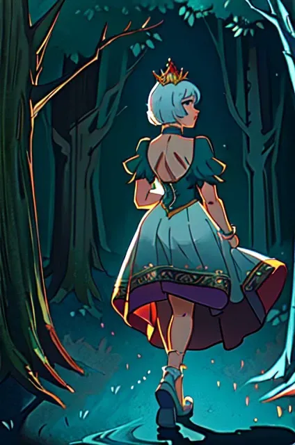 A cute fantasy princess runs through the forest, intricate dress, detailed environment, footprints, magic, heavy shadows, backlighting, elegant