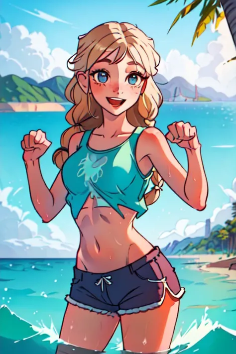(best quality, masterpiece1.2), (detailed eye:1.2), intricate detail, depth of field, 1girl, standing, upper body, blonde, long hair, braid, ocean, crop-top, shorts, wet, happy, freckles, paw pose,