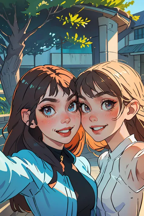 (best quality, masterpiece:1.3), (2girls, Face-to-face:1.3), dress, smile, long hair, looking at viewer, selfie,