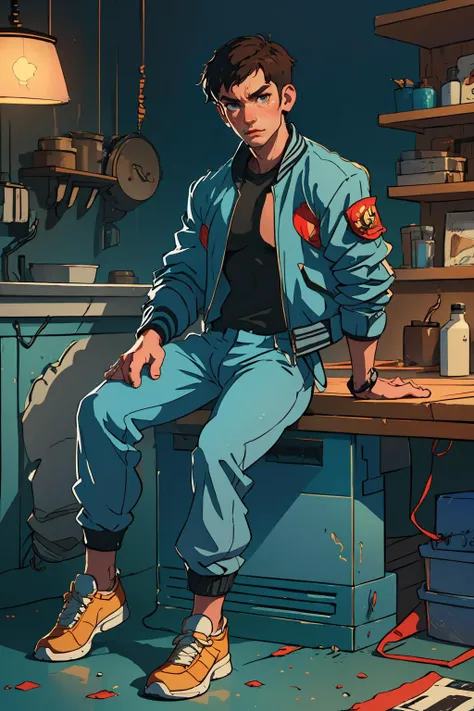 (best quality, masterpiece:1.3), 1boy, jacket, (masculine:1.2), (muscular:0.6), sitting,