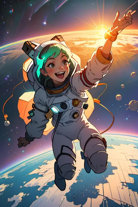 (best quality, masterpiece:1.3), spacesuit, aurora, full body, Spacewalking, sun, space, jumping, happy, smile, laughing, Space Station, sun visor,