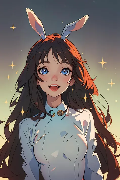 (best quality, masterpiece), sparkling eyes, happy, rabbit ears, playboy bunny, upper body, bunnysuit
