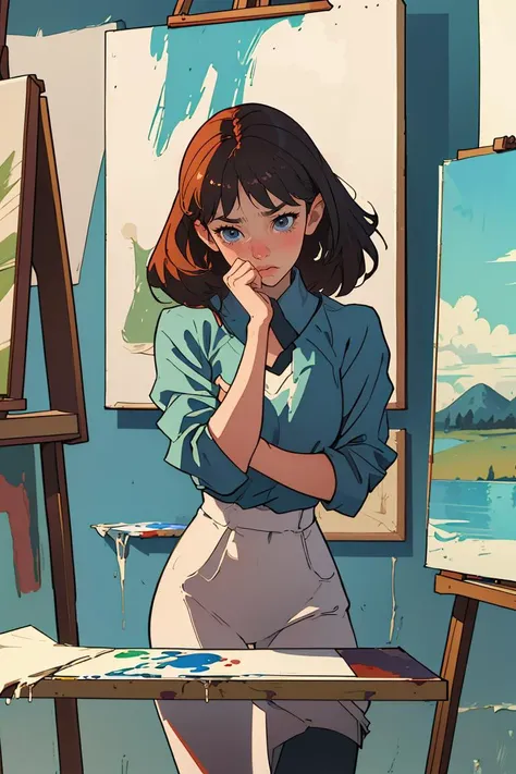 (best quality, masterpiece), painter struggling with a painting, embarrassed,