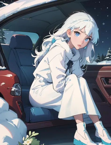 (incredibly_absurdres:1.3),(masterpiece,best quality,ultra-detailed:1.6),illustration,colorful,1girl,solo,,beautiful detailed eyes,cute face,beautiful girl,lovely,long hair,blue eyes,white hair,bangs,solo,(wide shot),(fur-trimmed dress:1.2),(winter:1.2),snow,car window,(night:1),start,looking at viewer, sitting on a white car,detailed earrings, full body, future background