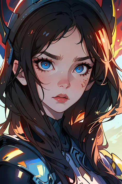 ((best quality)), ((masterpiece)), (detailed), beautiful face, female warrior, (defiance512:1.2), big eyes, heavy black iron armor, detailed helmet, intense gaze, battle-ready, contrasting soft skin, (lighting:1.2), close-up portrait, 4:3 aspect ratio