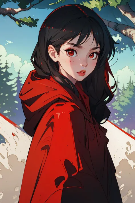 (((masterpiece, best quality))), 1girl, solo, black hair, red eyes, red hood, hood up, red cape, red dress, upper body, trees, looking at viewer,