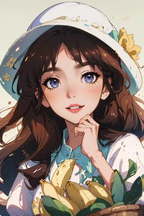 (best quality, masterpiece), highly detailed, 8k, (colorful), (vivid colors), soft color, soft light, artstation sample, Soft edges, Youthful spirit, illustration, Floral patterns, cinematic lighting,
(1girl), (banana), banana hat, holding a basket with bananas, cute, yellow, soft, yellow dress, white, smiling, brown hair
lavender background, detailed background, carefree, beautiful detailed eyes, beautiful face, fruits
