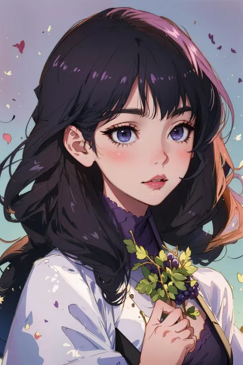 (best quality, masterpiece), highly detailed, 8k, (colorful), (vivid colors), soft color, soft light, artstation sample, Soft edges, Youthful spirit, illustration, Floral patterns, cinematic lighting,
(1girl), (grape:1.5), (cute), upper body, (holding grapes), grapes on hair, cute, purple, crystal, purple dress, white coat, tsundere, black hair, long hair, cheerful
lavender background, detailed background, carefree, beautiful detailed eyes, beautiful face, fruits