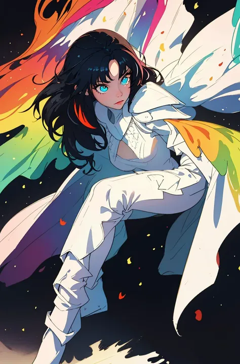 a man wearing white armor with white cape fighting},masterpiece,best quality,extremely detailed CG unity 8k wallpaper,cinematic lighting,lens flare,beautiful detail eyes,full body,black,multicolor hair,colorful light particles,heterochromia,(colorful:1.5),(colorful hair:1.5),<lora:beautifulDetailedEyes_v10:1>,<lora:lightAndShadow_v10:0.1>,