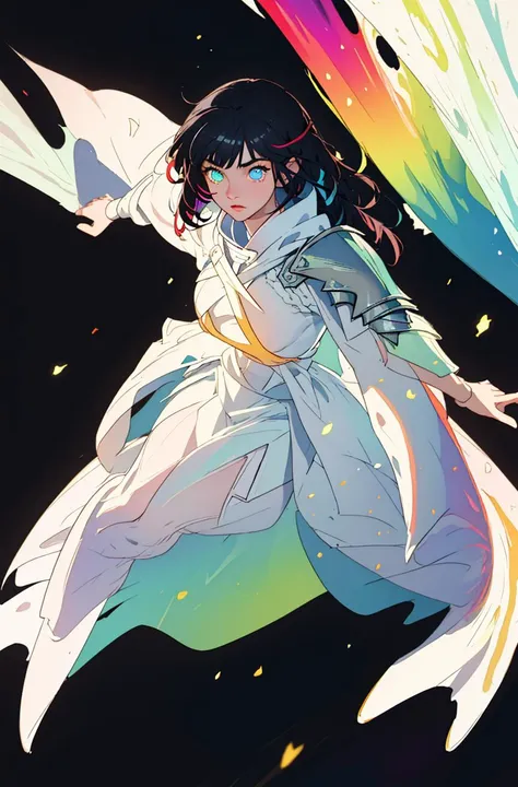 a man wearing white armor with white cape fighting},masterpiece,best quality,extremely detailed CG unity 8k wallpaper,cinematic lighting,lens flare,beautiful detail eyes,full body,black,multicolor hair,colorful light particles,heterochromia,(colorful:1.5),(colorful hair:1.5),<lora:beautifulDetailedEyes_v10:1>,<lora:lightAndShadow_v10:0.1>,