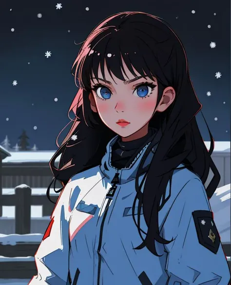 best quality, intricate details, 1girl, special forces, russian, snow, dark night, snow storm, T pose, looking at camera, front view